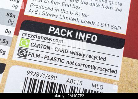 ASDA own-label cornflour / corn starch in cardboard box. For food ingredients labels, widely recycled symbol, recycling info, cardboard food packaging Stock Photo