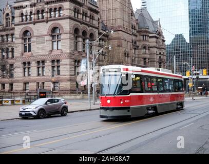 Toronto, Ontario, Canada. December 29th, 2019. After four decades of service to Toronto commuters, the Toronto Transit Commission's Canadian Light Rail Vehicle (CLRV) streetcars make their last runs through the core of the city. Today marks the final day of service of the venerable icon, which was first introduced in 1979. To mark the occasion, the last streetcars are running as free service along Queen Street to commemorate the final day of service. Streetcar 4001 the oldest of the fleet, on its last day. Credit: jf pelletier/Alamy Live News Stock Photo