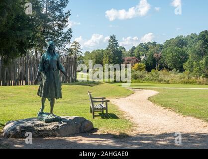 Jamestown, VA - 2 September 2019: Statue commemorating Pocahontas in the Jamestown Settlement in Virginia Stock Photo