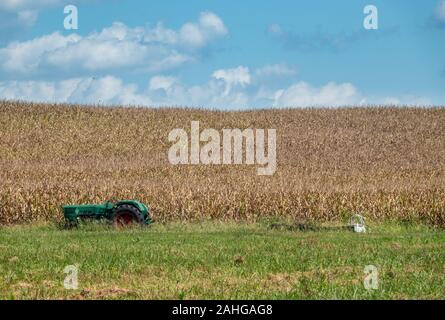 Abandoned green tractor by the edge of growing field of corn or wheat with interesting layered pattern Stock Photo
