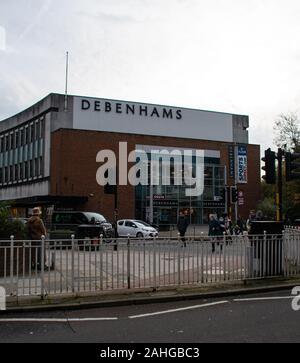 Guildford, United Kingdom - November 06 2019: The Entrance to Debenhams department store on Millbrook Stock Photo