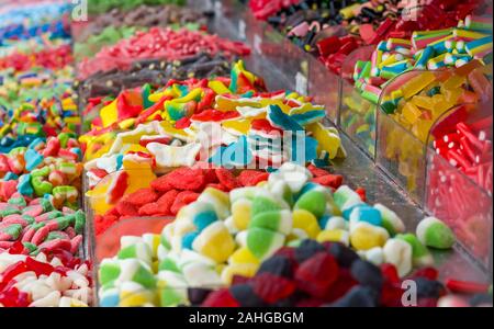 Assorted gummy candies. Top view. Jelly sweets. jelly candies Stock Photo