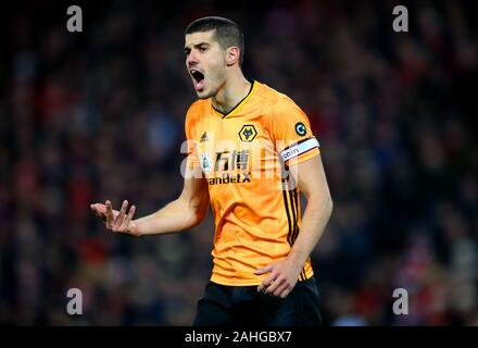Wolverhampton Wanderers' Conor Coady reacts during the Premier League match at Anfield Stadium, Liverpool. Stock Photo