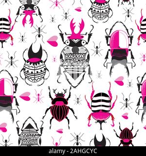 Vector bright seamless pattern with beetles and ants on a white background Stock Vector