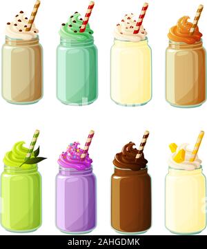Vector illustration of various hipster trend smoothies, milk shakes and beverages in mason jars isolated on white background Stock Vector