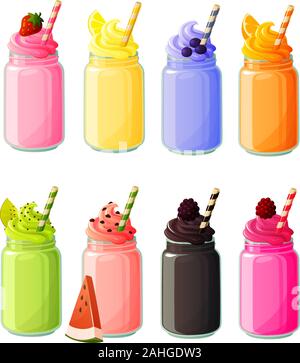 Vector illustration of various hipster trend smoothies, milk shakes and beverages in mason jars isolated on white background Stock Vector