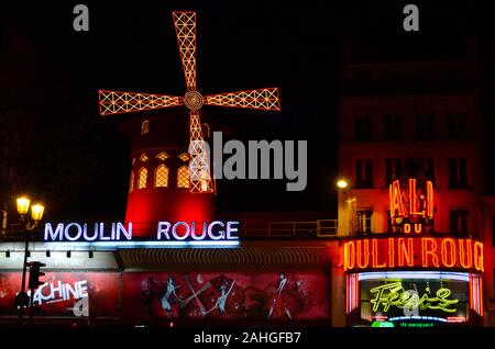 Pigalle,Paris/France, november 20/2015; Moulin Rouge cabaret in the Pigalle neighborhood.Famous cabaret in the center of Paris.Night view. Stock Photo