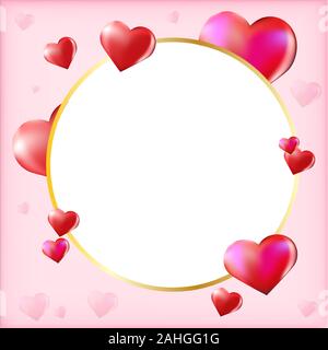 3d vector saint valentine s day golden round frame on colourful background with vector hearts. Concept sale special offer Stock Vector