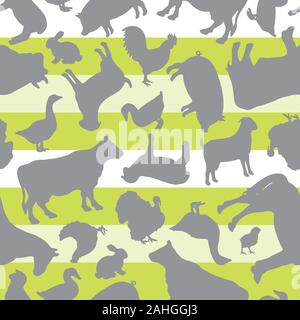 Farm Animals Silhouette Vector Design Seamless Pattern on Green and White Stripes Stock Vector