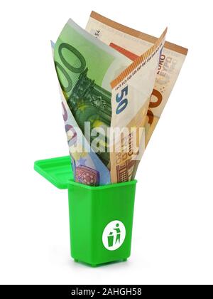Euro banknotes in a green dust bin isolated on white background, concept of money wasting Stock Photo