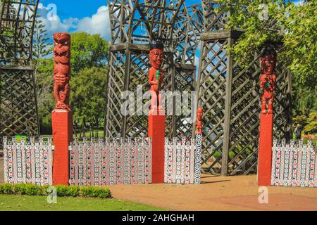 Rotorua, New Zealand - October 30th 2016: Entrance gate with traditional Maori totems to Government Gardens Stock Photo