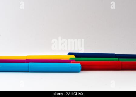 basic set of multicolored felt tip pens on white background Stock Photo