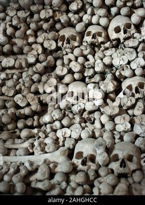 Stack of skulls and bones at the Sedlec Ossuary, or Bone Church, a small chapel in Kutna Hora, Czech Republic. Stock Photo