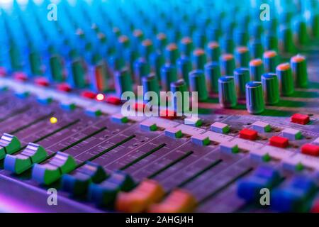 Professional Audio Sound Mixing Console, Many Buttons of mixer board Stock Photo