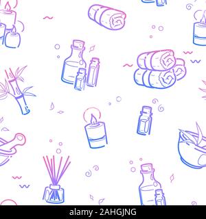 Spa therapy seamless pattern in line style on white background for wellness salon. Relax massage vector drawing tile. Body health nature backdrop. Beauty skincare texture for wallpaper. Herbal organic Stock Vector