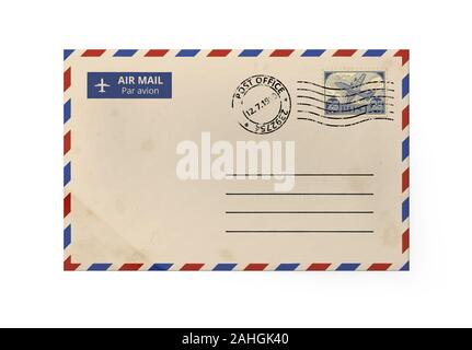 Old yellow envelope for letter - American Air Mail style with blue and red border. Front side of envelope. Stock Photo