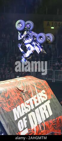 Zagreb, Croatia - December 28, 2019 : Quad driver performing on the Masters of Dirt Total Freestyle Tour 2019 - Freestyle motocross show. Stock Photo