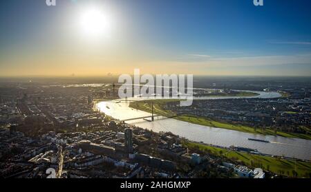 Aerial photo, city view, navigation on the Rhine, river Rhine, Oberkasseler bridge, Rheinkniebrücke, Rhine tower, Düsseldorf, Rhineland, North Rhine-W Stock Photo