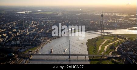 Aerial photo, city view, navigation on the Rhine, river Rhine, Oberkasseler Brücke, Rheinkniebrücke, Rheinturm, Düsseldorf, Rhineland, North Rhine-Wes Stock Photo
