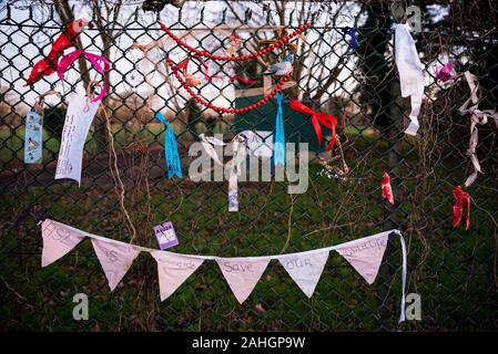 Denham, UK. 29th December 2019. Stand for the Trees, a Walk for Wildlife and Water, organised by Chris Packham and supported by Extinction Rebellion, #ReThinkHS2, Save the Colne Valley, STOP HS2 and Hillingdon Green Party. Speakers described the threats to the habitats that are the homes of endangered eels, bats, otters, water voles, the loss of 28,000 trees to HS2 and the chalk aquifer that contributes to much of London’s water. Credit: Stephen Bell/Alamy Stock Photo