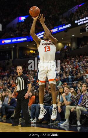 December 29, 2019: Virginia Cavaliers guard Casey Morsell (13) shoots for three during NCAA basketball action between the Navy Midshipmen and the Virginia Cavaliers at John Paul Jones Arena Charlottesville, VA. Jonathan Huff/CSM. Stock Photo