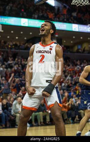 December 29, 2019: Virginia Cavaliers guard Braxton Key (2) celebrates a dunk during NCAA basketball action between the Navy Midshipmen and the Virginia Cavaliers at John Paul Jones Arena Charlottesville, VA. Jonathan Huff/CSM. Stock Photo