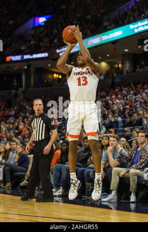 December 29, 2019: Virginia Cavaliers guard Casey Morsell (13) shoots for three during NCAA basketball action between the Navy Midshipmen and the Virginia Cavaliers at John Paul Jones Arena Charlottesville, VA. Jonathan Huff/CSM. Stock Photo