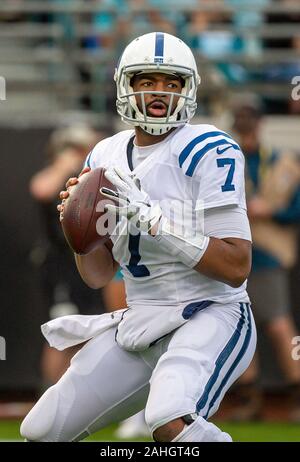 Jacksonville, FL, USA. 29th Dec, 2019. Indianapolis Colts quarterback Jacoby Brissett (7) during 1st half NFL football game between the Indianapolis Colts and the Jacksonville Jaguars at TIAA Bank Field in Jacksonville, Fl. Romeo T Guzman/CSM/Alamy Live News Stock Photo