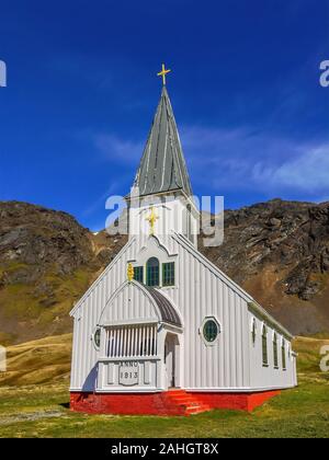 Vertical shot of the front entrance of the Norwegian Lutheran Church, built in 1913, located in the former whaling station at Grytviken, South Georgia Stock Photo