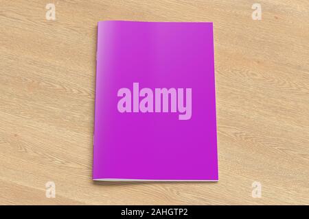 Magenta brochure or booklet cover mock up on wooden background. Isolated with clipping path around brochure. Side view. 3d illustratuion Stock Photo