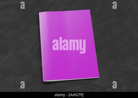 Magenta brochure or booklet cover mock up on black background. Isolated with clipping path around brochure. Side view. 3d illustratuion Stock Photo