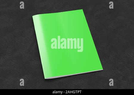Green brochure or booklet cover mock up on black background. Isolated with clipping path around brochure. Side view. 3d illustratuion Stock Photo