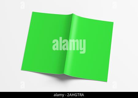Green brochure or booklet cover mock up on white. Brochure is open and upside down. Isolated with clipping path around brochure. 3d illustratuion Stock Photo