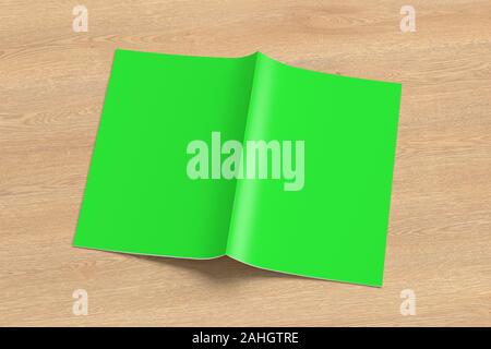 Green brochure or booklet cover mock up on wooden background. Brochure is open and upside down. Isolated with clipping path around brochure. 3d illust Stock Photo