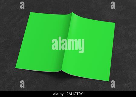 Green brochure or booklet cover mock up on black background. Brochure is open and upside down. Isolated with clipping path around brochure. 3d illustr Stock Photo