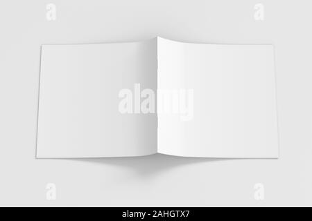 Blank square brochure or booklet cover mock up on white. Brochure is open and upside down. Isolated with clipping path around brochure. Front view. 3d Stock Photo