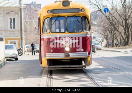 City trams in the city. New models and old, relict on the routes of the city.Russia. Stock Photo