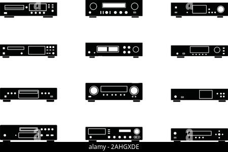Audio equipment. CD player. Receiver. Network player. Silhouette icons Stock Vector