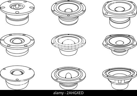 Speaker driver icons. Midrange tweeter woofer. Vector thin line Stock Vector