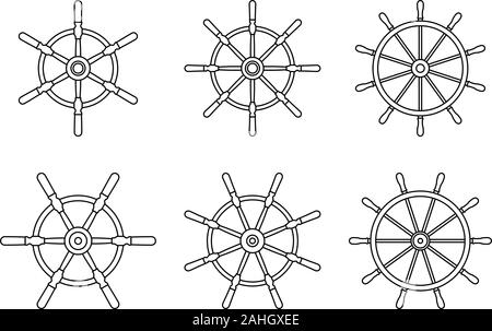 Ship steering wheel with different spokes. Vector thin line Stock Vector