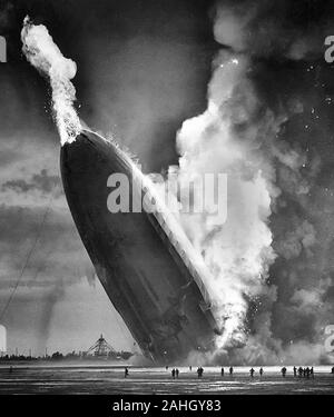 Photo of the crash of the airship Hindenburg in Lakehurst, New Jersey on May 6, 1937. Stock Photo