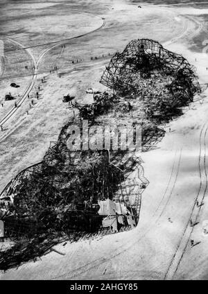 Aerial photo of the wreckage of the Hindenburg taken on May 7, 1937, the morning after the crash. Stock Photo