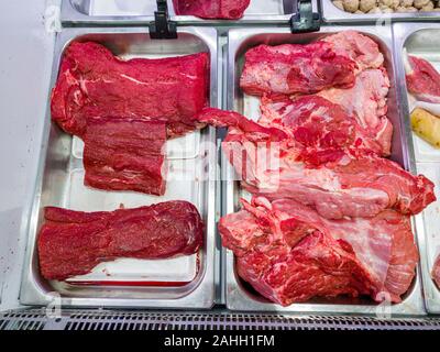 Fresh beef meat at butcher shop in supermarket  Stock Photo