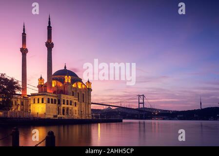 Sunrise view Ortakoy Mosque and Bosphorus Bridge, Best touristic Place of Istanbul. Stock Photo