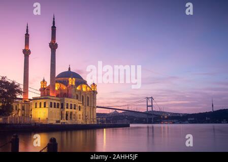 Sunrise view Ortakoy Mosque and Bosphorus Bridge, Best touristic Place of Istanbul. Stock Photo