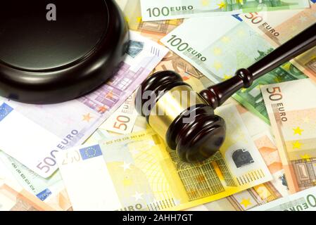 A judge gavel and euro banknotes Stock Photo