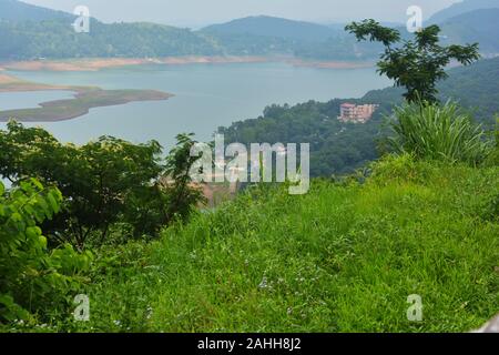 Barapani or Umiam Lake of  Shillong, Meghalaya as seen fron the view point on the road with water, trees and natural beauty, selective focusing Stock Photo