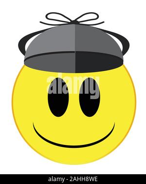 A detective in a deer stalker hat smile face button isolated on a white background Stock Vector