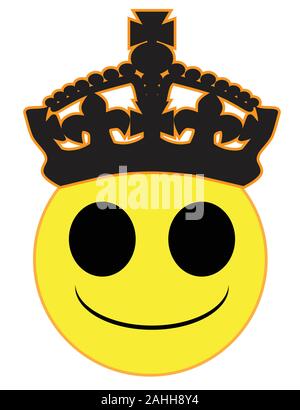 A king or queenin wearing a golden crown smile face button isolated on a white background Stock Vector