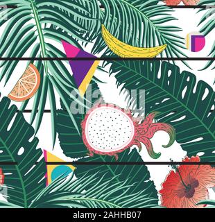 Various tropical leaves and fruits, summer themed pattern design. Stock Vector